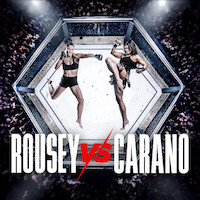 Two female MMA fighters face off in an octagon cage, surrounded by a cheering crowd, with dramatic lighting and “Rousey vs Carano” text below.