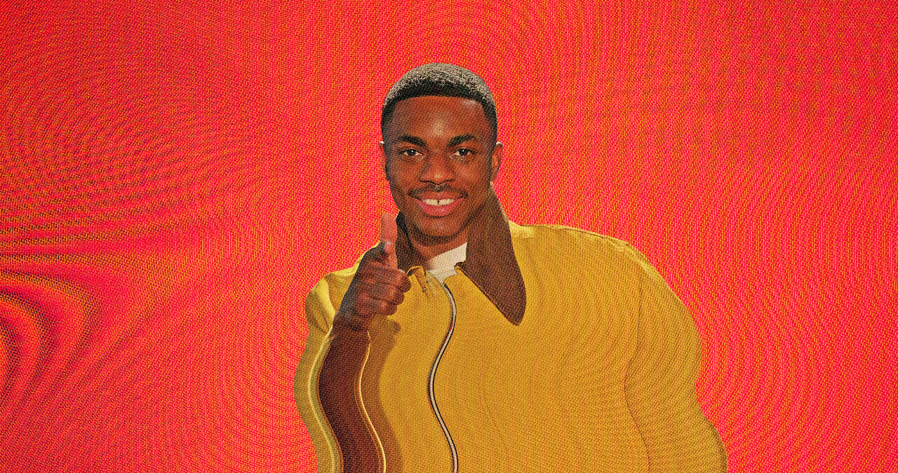 Vince Staples smiles with a screen distortion over the image