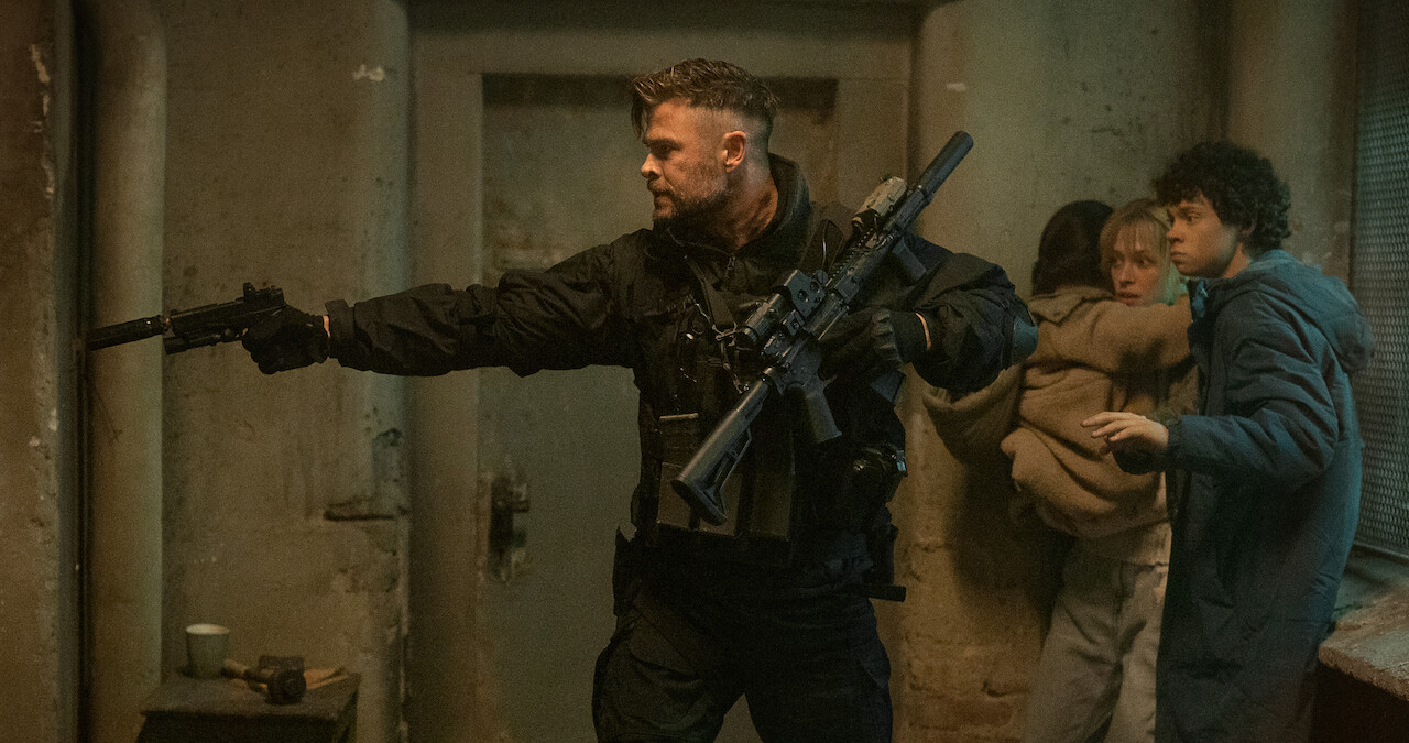 Chris Hemsworth as Tyler Rake, Miriam and Marta Kovziashvili as Nina, Tinatin Dalakishvili as Ketevan and Andro Jafaridze as Sandro in 'Extraction 2'.