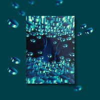 Two semi-transparent faces in profile surrounded by floating, glowing blue discs in a futuristic, digital environment with a teal background, creating a surreal, high-tech atmosphere.