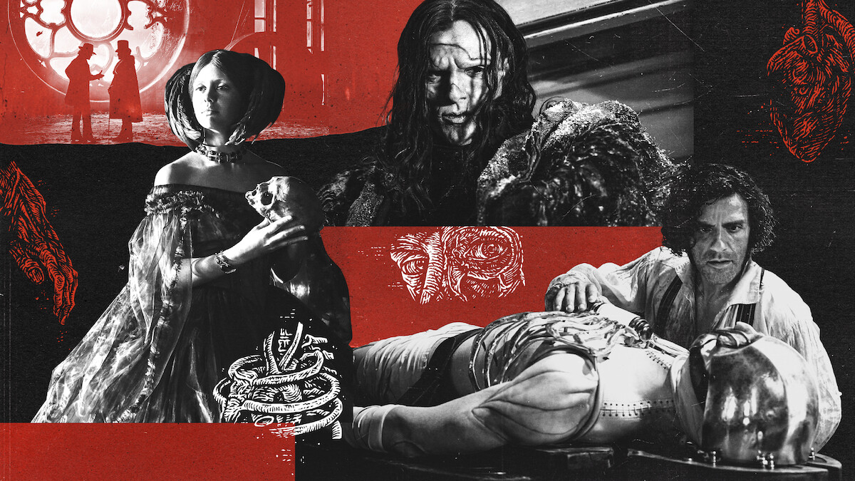 A collage of dramatic scenes showing a woman in period dress, a bloodied figure, a man beside a humanlike machine, and surreal sketches, all set in a dark, intense atmosphere with red and black tones.