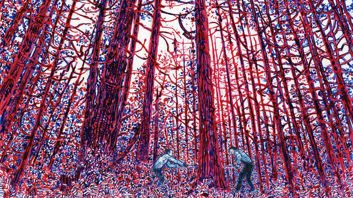 An illustration of two people cutting down a tree.