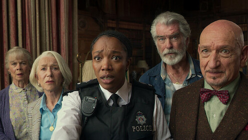 Celia Imrie, Helen Mirren, Naomi Ackie, Pierce Brosnan and Sir Ben Kingsley in 'The Thursday Murder Club'