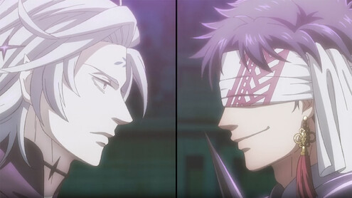 Animated split screen of two men facing each other in 'Record of Ragnarok III'