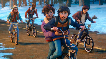 Five animated children riding bicycles together on a road bordered by snow and trees, wearing winter clothes and looking cheerful, suggesting friendship and adventure in a cold outdoor environment.