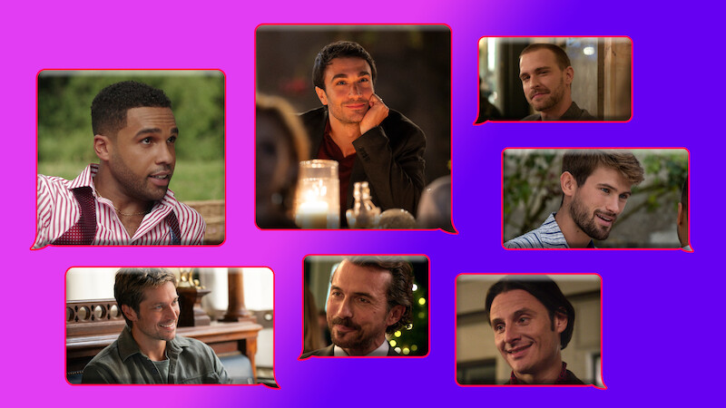 Collage of seven men with speech bubble borders
