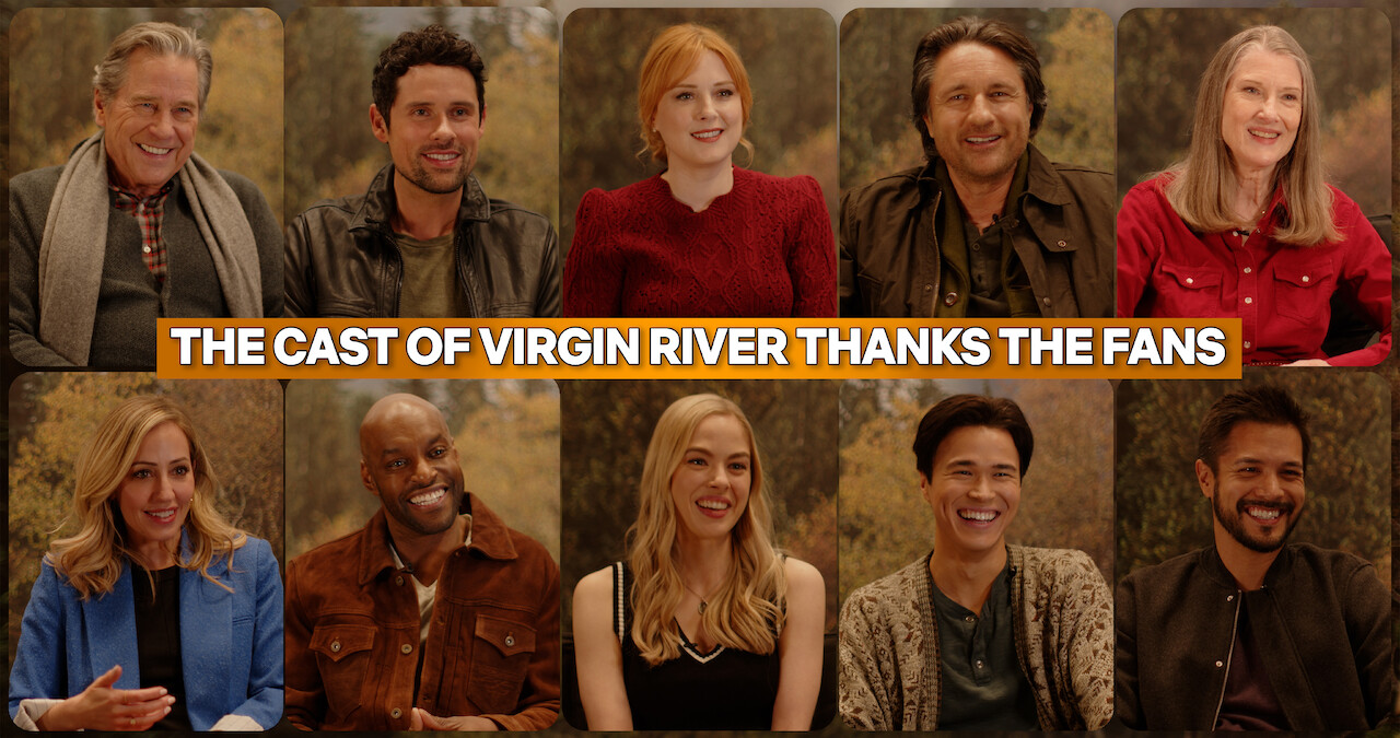 From top left to bottom right, the cast of Virgin River including Tim Matheson, Ben Hollingsworth, Alexandra Breckenridge, Martin Henderson, Annette O'Toole, Zibby Allen, Colin Lawrence, Sarah Dugdale, Kai Bradbury, and Marco Grazzini.