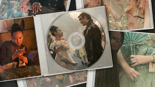 A collage of historical costumes and accessories surrounds a CD case, which shows a masked ballroom scene with two people dressed in elegant, vintage attire facing each other.