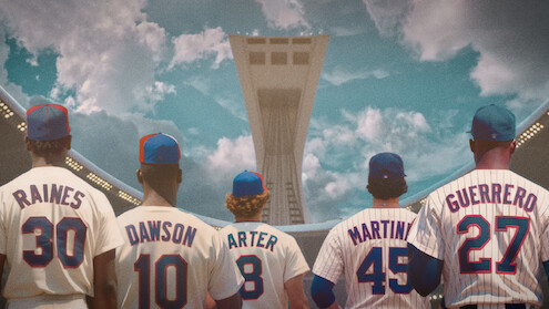 An illustration of Raines, Dawson, Carter, Martinez, and Guerrero facing away in their Montreal Expos jerseys.