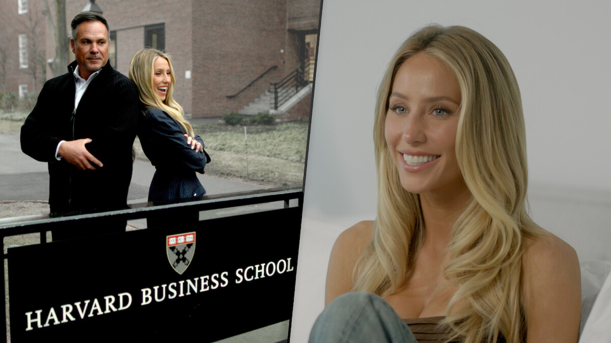 Alix Earle and Thomas “TJ” Earle infront of Harvard Business School logo with still of Alix Earle solo.