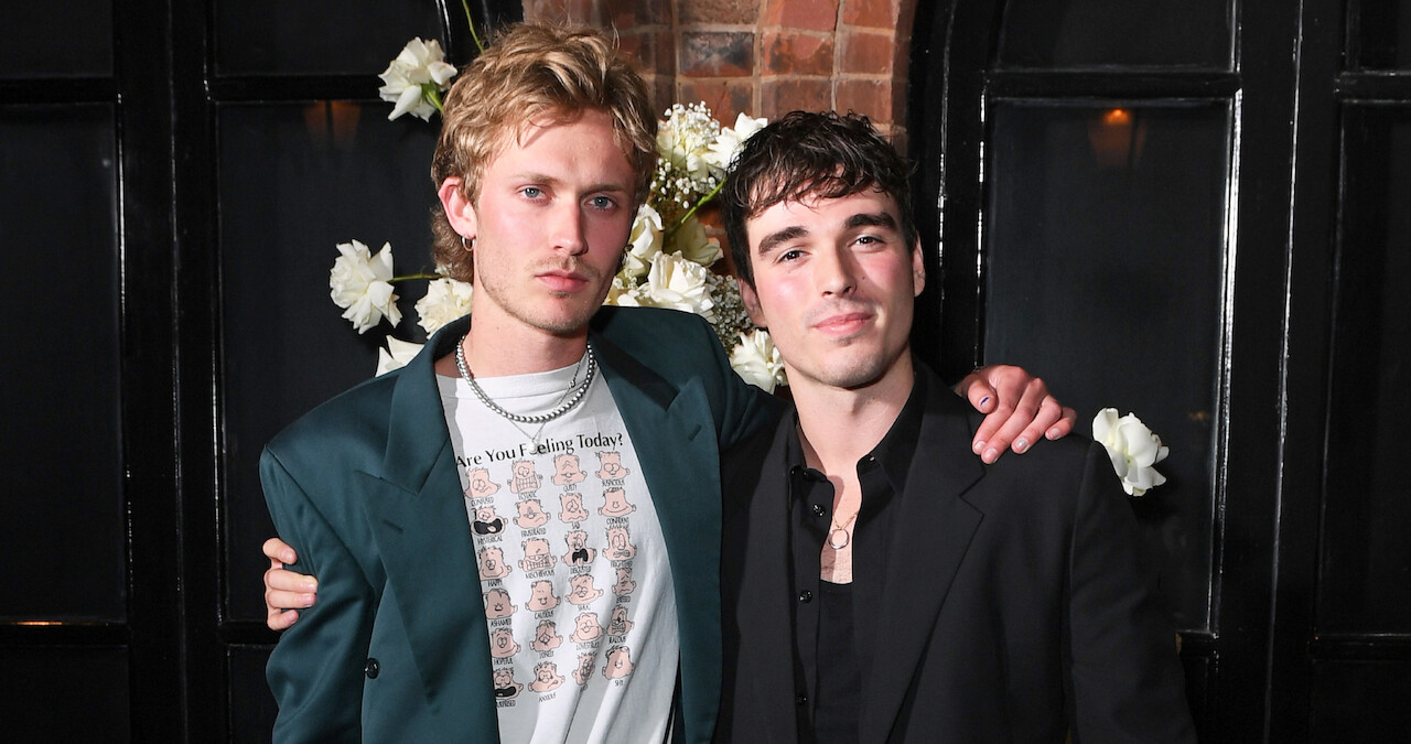 Freddie Dennis (L) and Corey Mylchreest attend the Vogue and Netflix party.