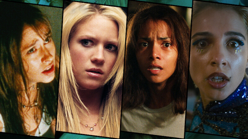 Four women in dramatic close-ups, each appearing anxious or distressed, set against various interior backgrounds and lighting, capturing intense emotions in a collage-style split image.