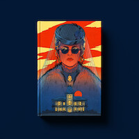 Illustrated book cover showing a stern woman in vintage clothes, sunglasses, and veil, with a large mansion below her and a dramatic sunset sky in the background, set against a dark blue backdrop.