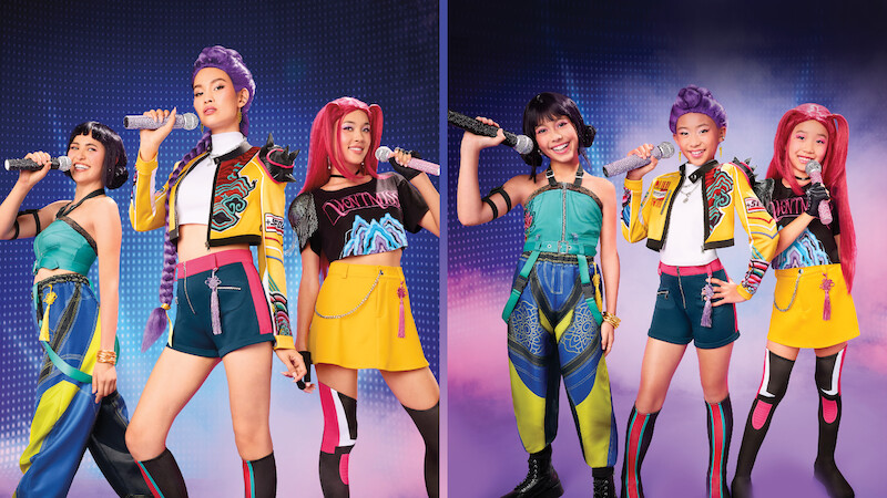Split screen of adult and kids costumes from 'KPop Demon Hunters'