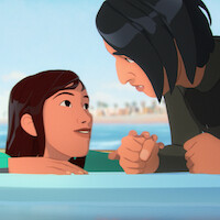 Two animated people in wetsuits hold hands and make eye contact while partially in the ocean, with a blurred beach and blue sky in the background.