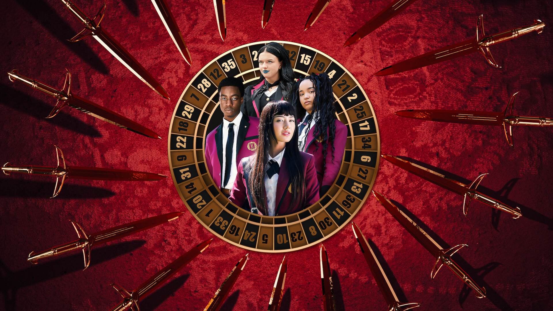 BET - The cast inside a roulette wheel on a red background with knives and swords pointed at them. 