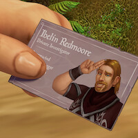 Ibelin Redmoore holds his card. He has long blond hair and wears a black top.