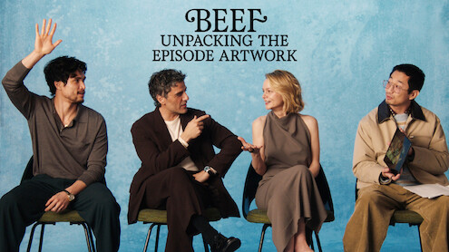 Four people sit on chairs against a blue background, talking and interacting. One person raises their hand while others gesture as if in conversation. Text above them reads "DEEP Unscripted: The Episode Artwork."