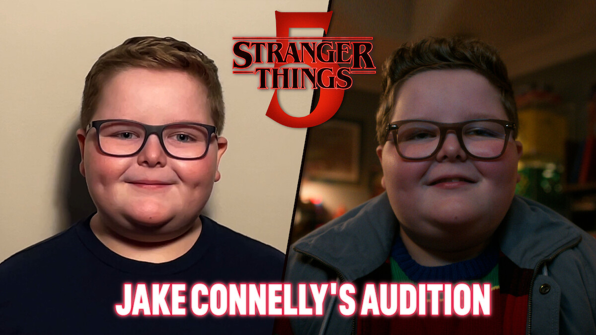 Jake Connelly, wearing glasses, is shown in two settings: a plain background and a warmly lit room. The Stranger Things 5 logo is centered above, with bold text reading "Jake Connelly's Audition" at the bottom. Mood is hopeful and excited.