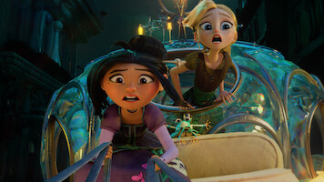 Two animated girls with surprised expressions ride in a magical, glowing carriage at night, with a small frog sitting between them in a whimsical city setting.