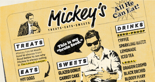 An illustration that looks like an old fashioned diner menu featuring things that Mickey Haller likes to eat