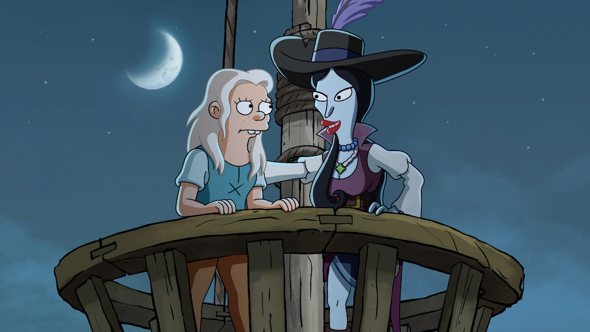 Abbi Jacobson as Bean and Tress MacNeille as Oona stand in the crow's nest of a ship in 'Disenchantment: Part 5.'