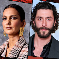Split-image of a woman with large gold earrings and checkered jacket against a textured gray background, and a man with curly hair and beard in a black jacket against a light blue backdrop, both facing the camera.