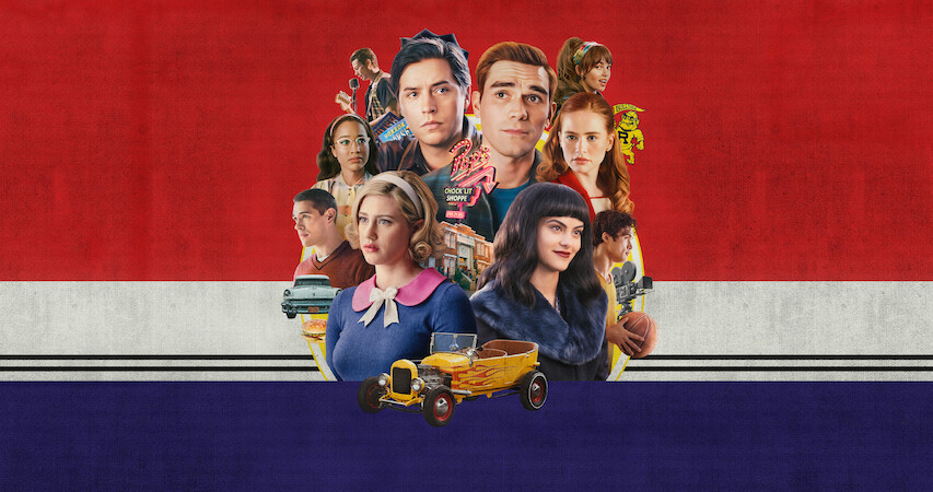 Collage of the cast of Season 7 of 'Riverdale' with a red, white, and blue striped background.
