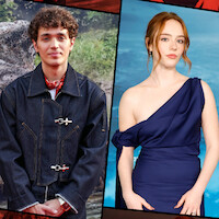 Two people separated by a diagonal split; left: young man in a denim jacket outdoors with greenery, right: young woman in a one-shoulder blue dress posing against a blue abstract background.