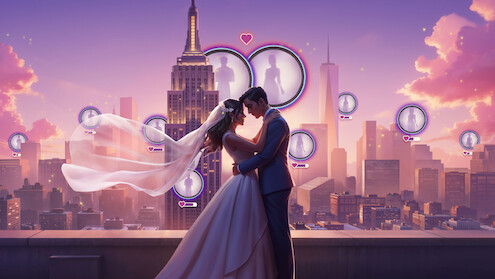 Illustrative game art for the mobile game 'Netflix Stories: Love Is Blind', featuring a bride and groom embracing on a rooftop in New York City at twilight.