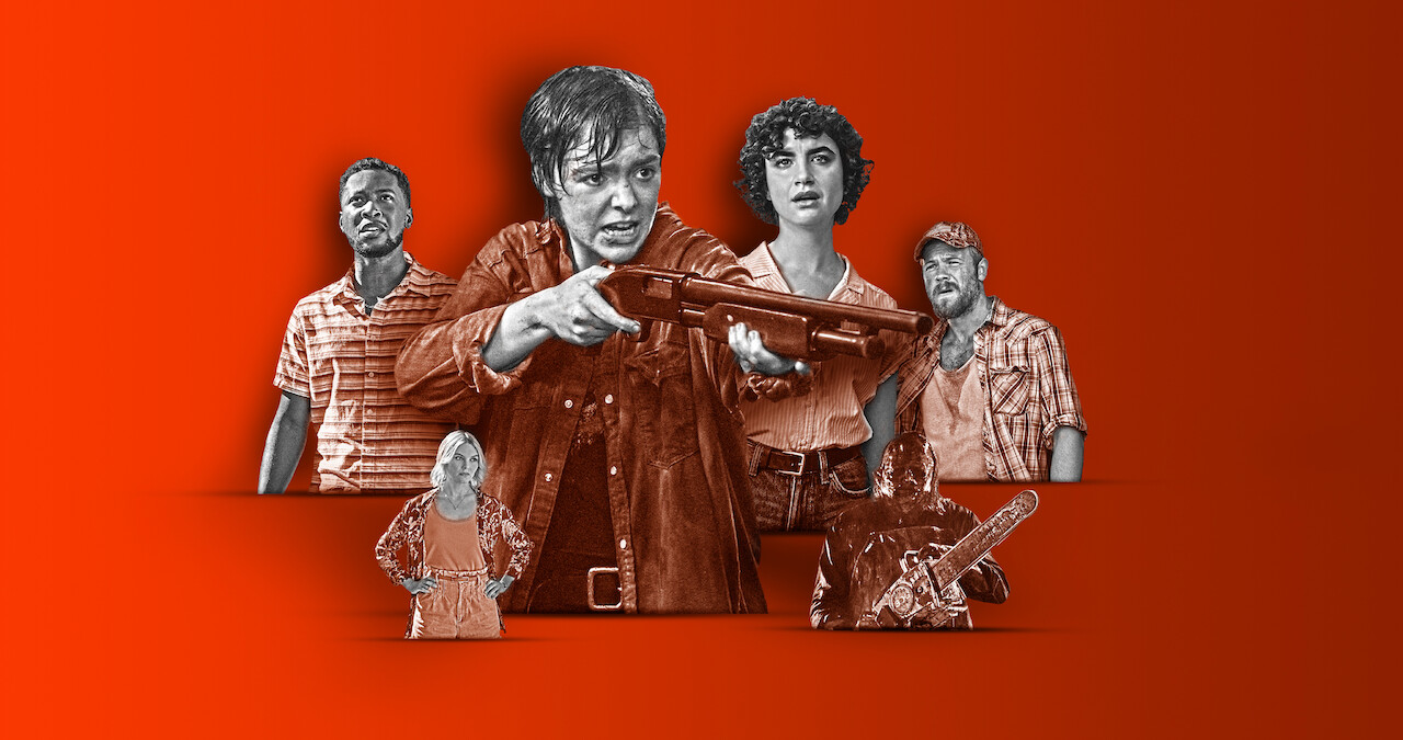 A collage illustration of the main characters of Texas Chainsaw Massacre