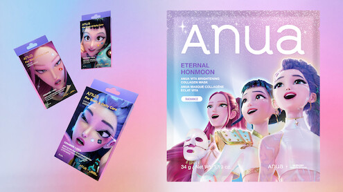 Four colorful anime-style face mask packages, featuring fantasy characters, are displayed on a pastel gradient background. The largest package reads "Anua Eternal Honmoon" with illustrated characters smiling in bright, glowing light.