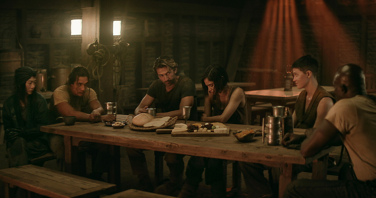 Doona Bae as Nemesis, Staz Nair as Tarak, Michiel Huisman as Gunnar, Sofia Boutella as Kora, Elise Duffy as Milius, and Djimon Hounsou as General Titus in 'Rebel Moon — Part Two: The Scargiver'