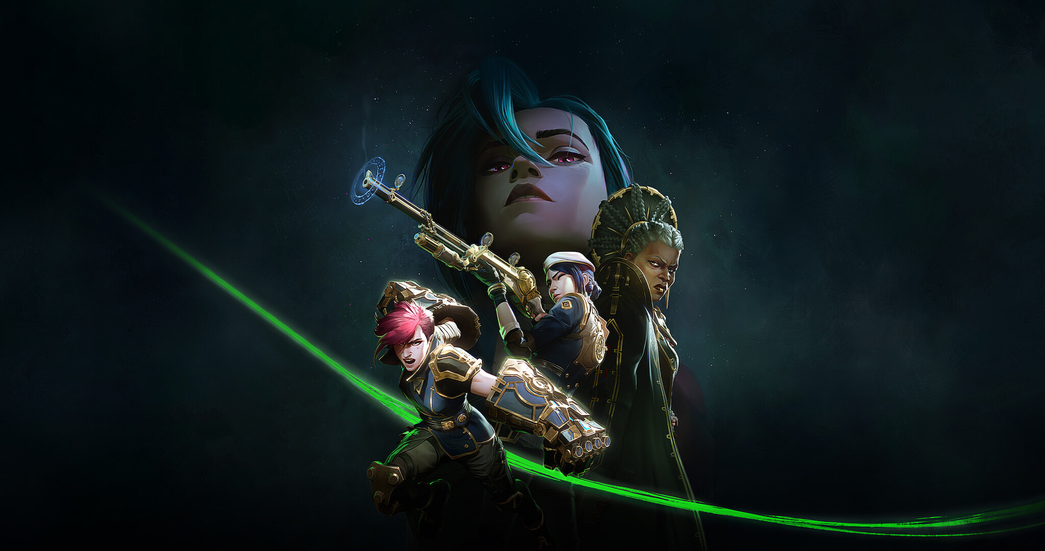 The characters of Arcane on a dark green-blue backdrop. 