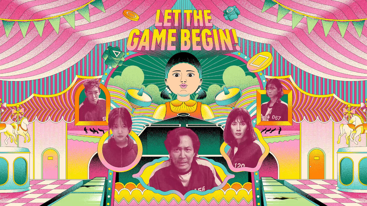 Colorful illustration with LET THE GAME BEGIN! text displaying characters and games from Squid Game in a carnival-like setting