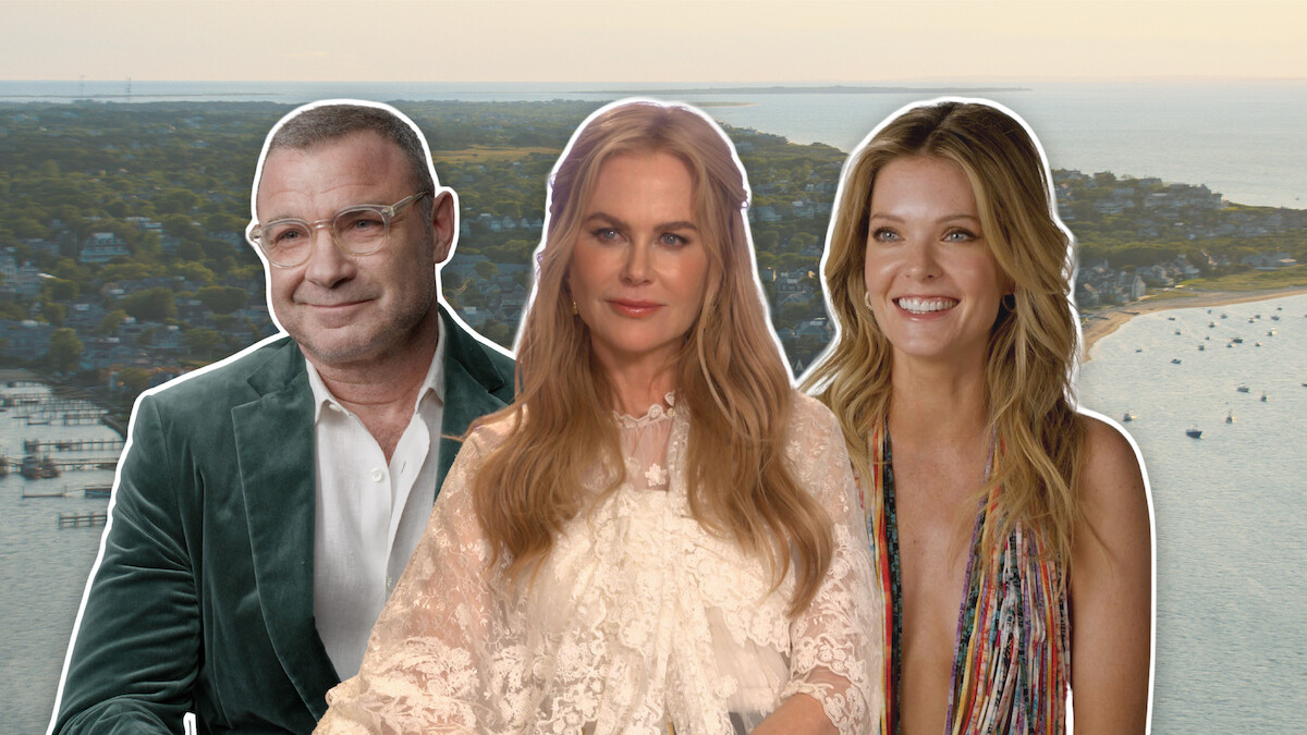 Fotos de Liev Schreiber, Nicole Kidman e Meghann Fahy em frente à imagem de uma ilha