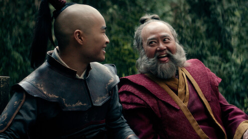 Dallas Liu as Zuko and Paul Sun-Hyung Lee as Iroh laugh together in the blooper reel from Season 1 of 'Avatar: The Last Airbender"