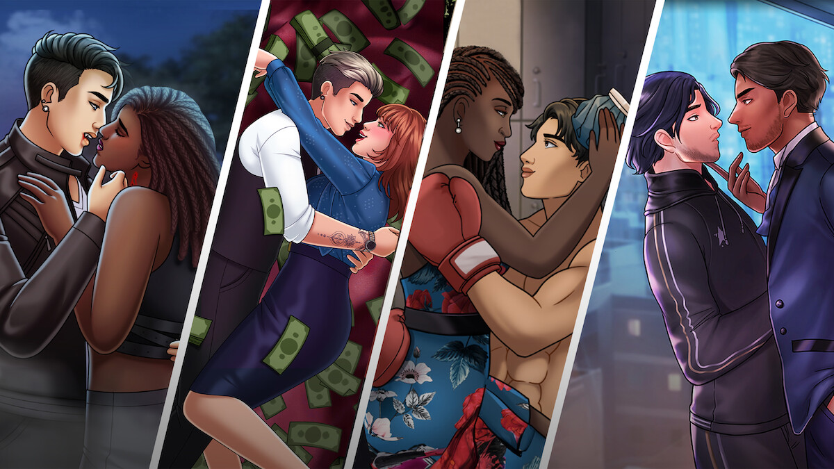 Illustrative game art for the mobile game 'Secrets by Episode', featuring various couples embracing.