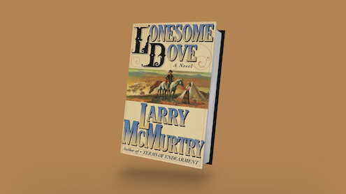 Book cover of "Lonesome Dove" by Larry McMurtry, featuring two cowboys riding horses across a western landscape, with a sepia-toned background. The book is floating and angled against a plain brown backdrop.