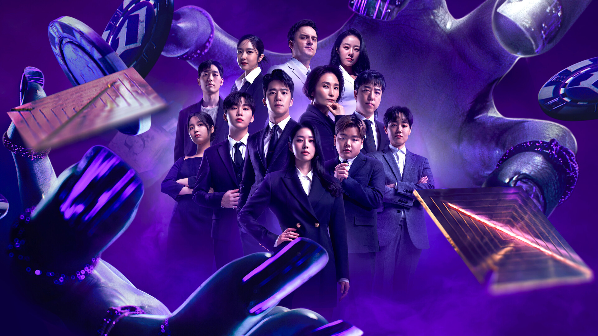 The Devil's Plan - The Cast standing together on a purple background. 