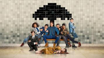 Photo of all Umbrella Academy characters sitting in the subway.
