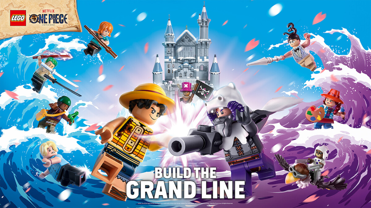 LEGO pirate and fantasy minifigures from ONE PIECE in an ocean battle with waves, castle in background, dramatic sky, and action poses, promoting "Build the Grand Line" with LEGO and Netflix branding.