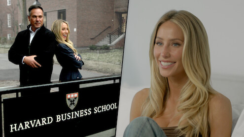 Alix Earle and Thomas “TJ” Earle infront of Harvard Business School logo with still of Alix Earle solo.