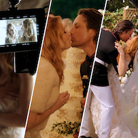 Da esquerda para a direita, um tríptico de um monitor de câmera filmando Jenny Cooper e Alexandra Breckenridge no set, Jack e Mel se beijando na frente do bolo de casamento e Jack e Mel se abraçando após a cerimônia.