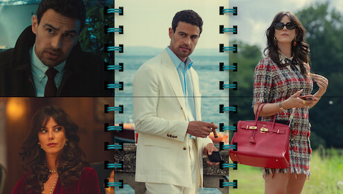 Collage featuring a serious man in a suit indoors, a stylish woman in red inside, a man outdoors in a white suit by water, and a fashionable woman in plaid with a red purse standing outside, all separated by notebook-style dividers.