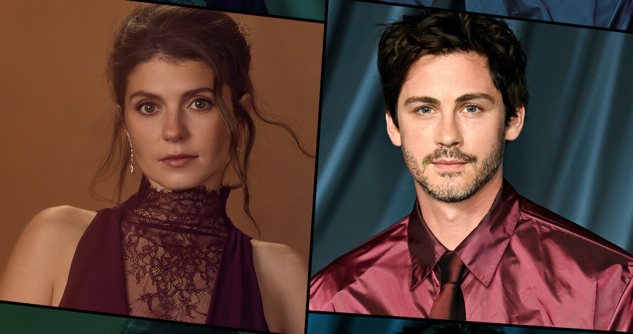 A woman and a man in formal attire are shown in separate portrait-style photos. The woman has dark hair, is in a sleeveless burgundy dress, and the man has dark hair, wearing a burgundy satin shirt and tie, both in studio settings.