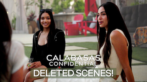 two women sitting at the edge of the pool looking like they are sharing secrets, "Calabasas Confidential" Deleted Scenes written in text