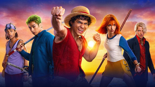 Usopp, Zoro, Luffy, Nami, and Sanji, in colorful costumes pose confidently with weapons, set against a dramatic ocean sunset background, conveying a sense of teamwork and action.