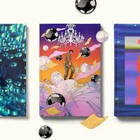 Three illustrated book covers: left features abstract teal design, center shows person on classical statue with papers, black spheres, chandelier, sunset sky, right has abstract blue and red silhouette; floating orbs and papers in foreground.