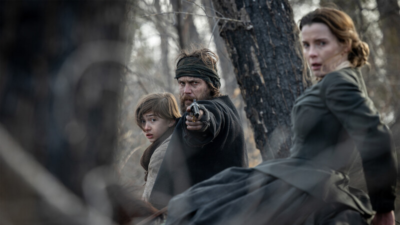 Taylor Kitsch and Betty Gilpin in 'American Primeval'.
